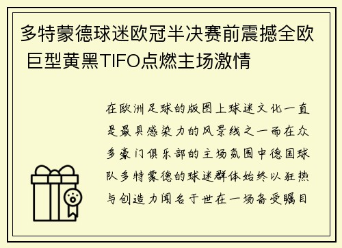 多特蒙德球迷欧冠半决赛前震撼全欧 巨型黄黑TIFO点燃主场激情