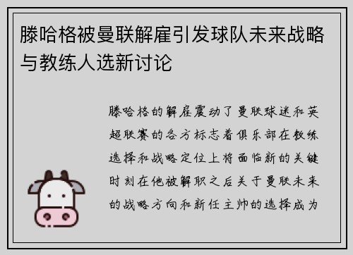 滕哈格被曼联解雇引发球队未来战略与教练人选新讨论