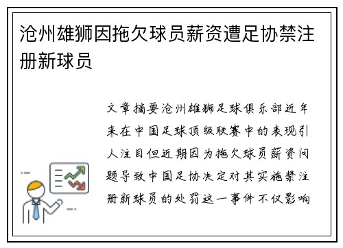 沧州雄狮因拖欠球员薪资遭足协禁注册新球员