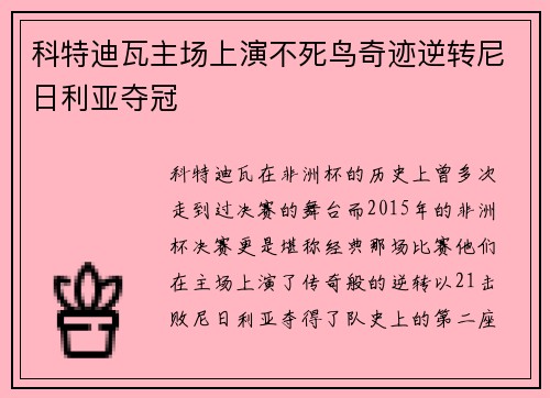 科特迪瓦主场上演不死鸟奇迹逆转尼日利亚夺冠